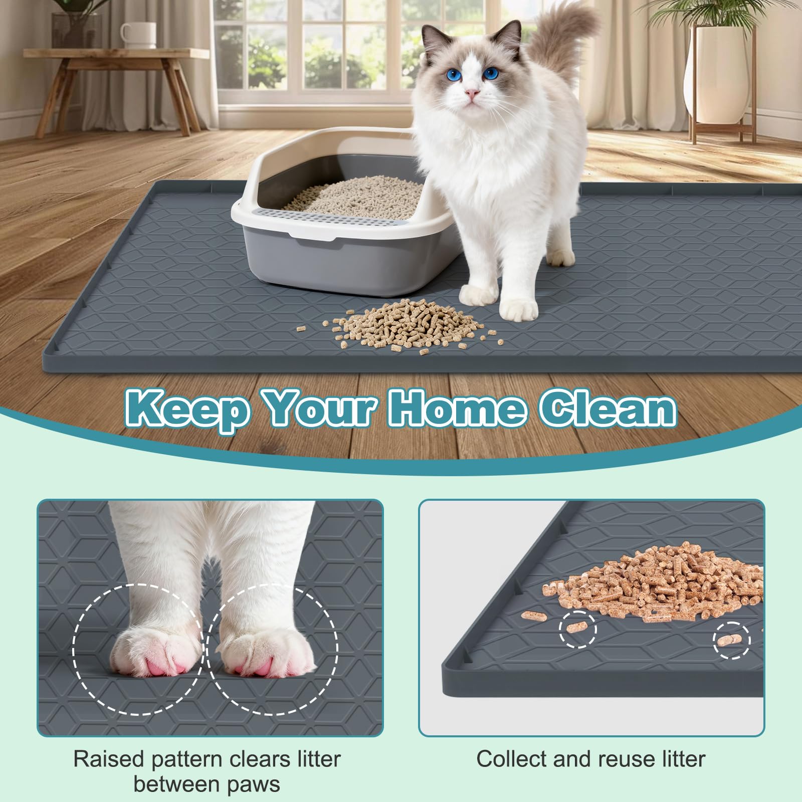 MECHEER Cat Litter Mat raised-edge scene highlights waterproof barrier protecting your floors