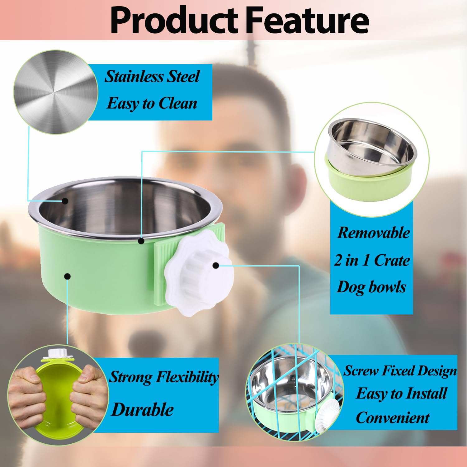 Mechpia crate dog bowl blue removable stainless: easy cleaning and flexible use.