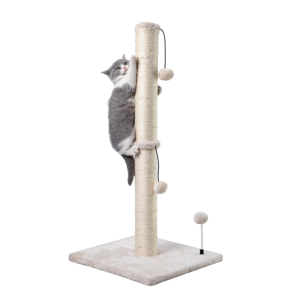 MECOOL 34-Inch tall cat scratching post base view shows durable MDF and plush top