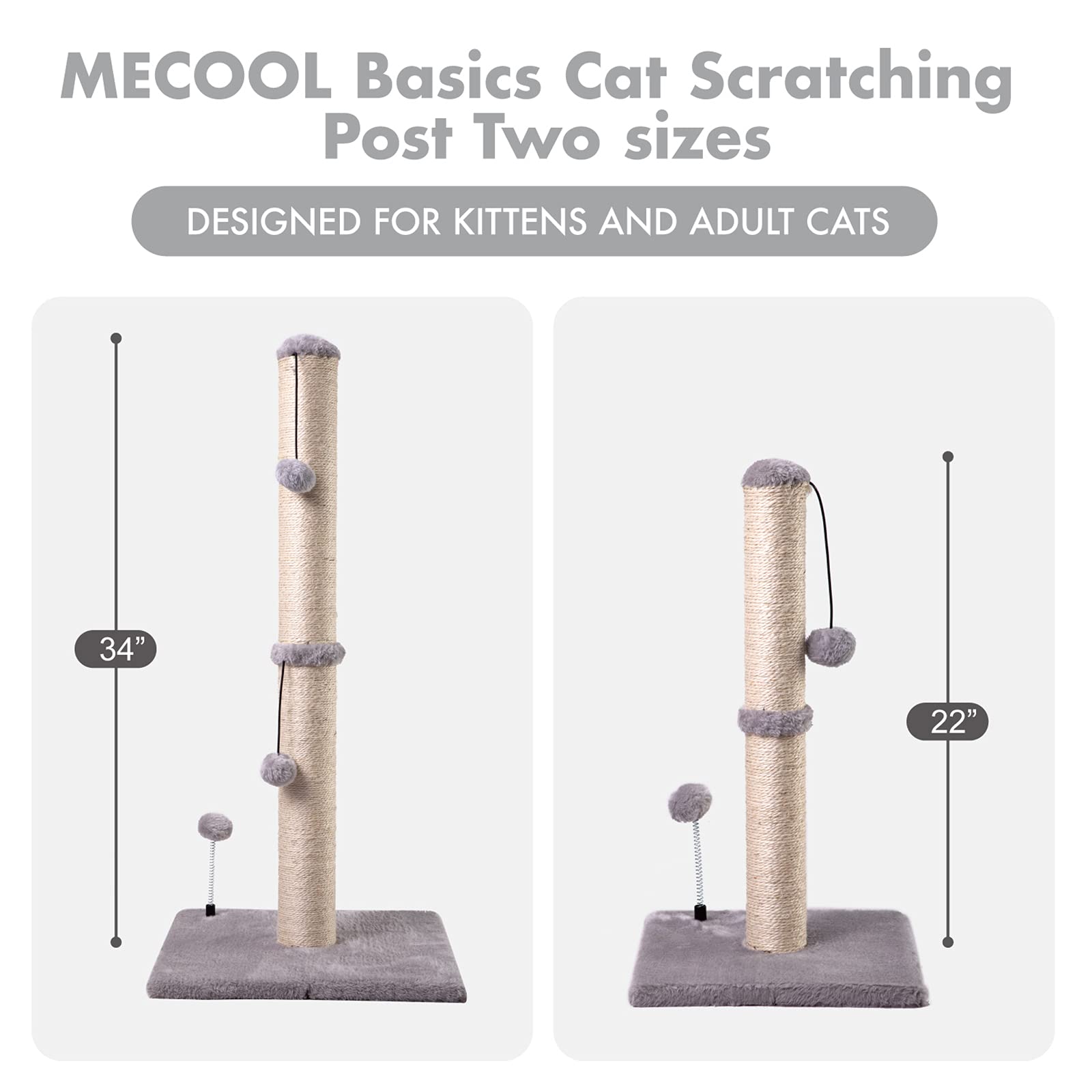 MECOOL 34-tall cat scratching post assembled setup shows complete kit with all parts.
