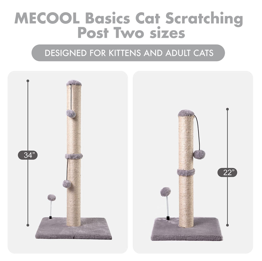 MECOOL 34-tall cat scratching post assembled setup shows complete kit with all parts.