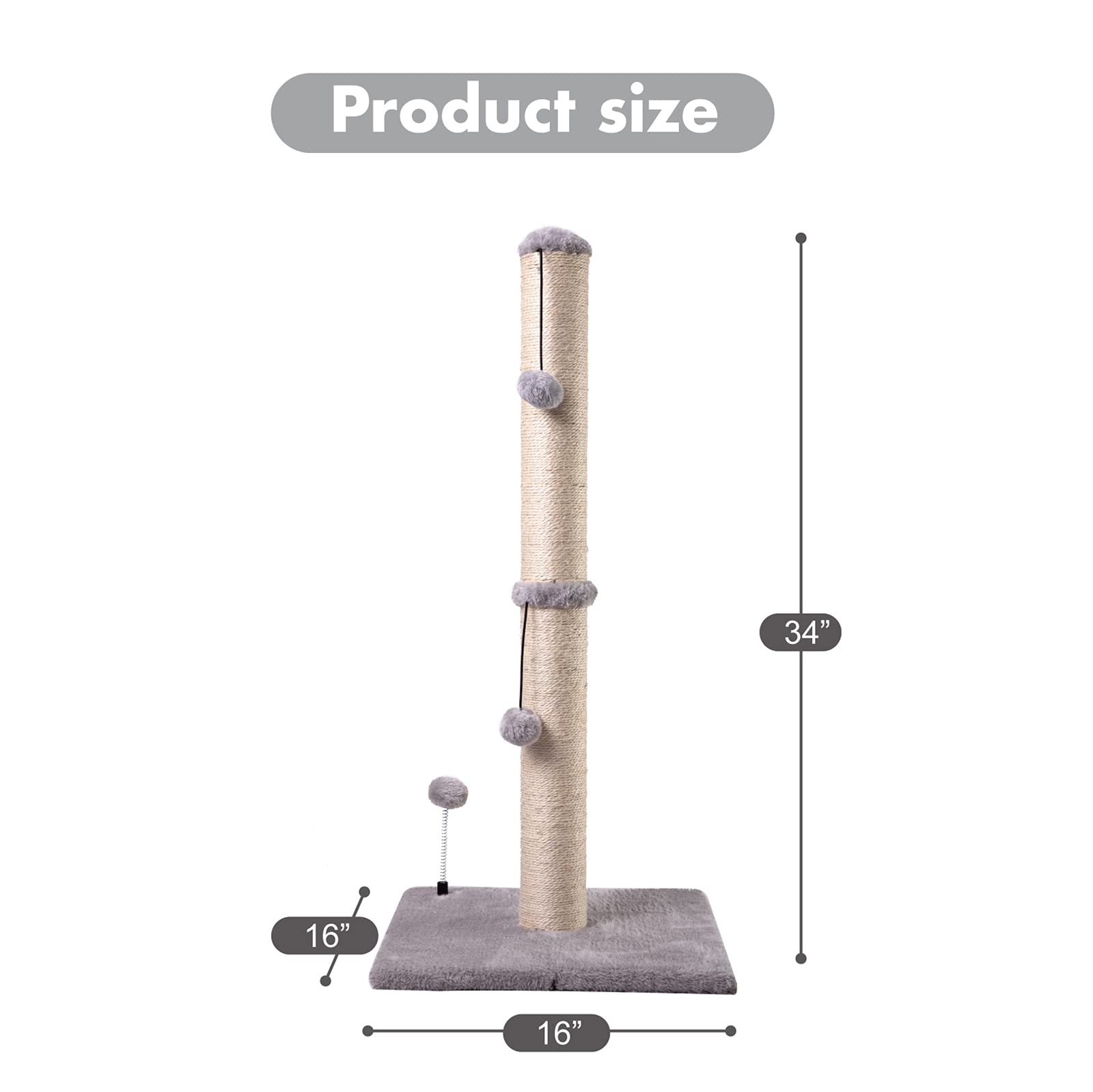MECOOL 34-tall cat scratching post gray fabric top provides a cozy resting perch.