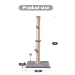 MECOOL 34-tall cat scratching post gray fabric top provides a cozy resting perch.