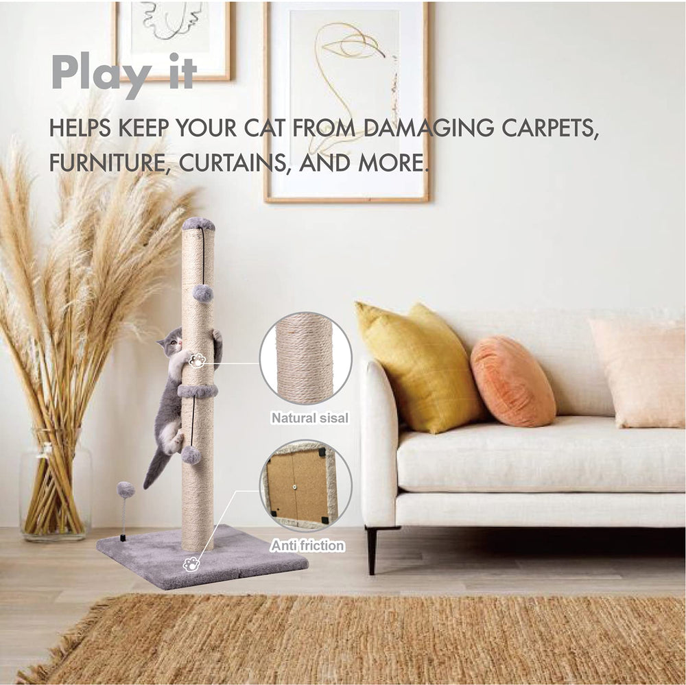 MECOOL 34-tall cat scratching post interactive ball engages play and batting.