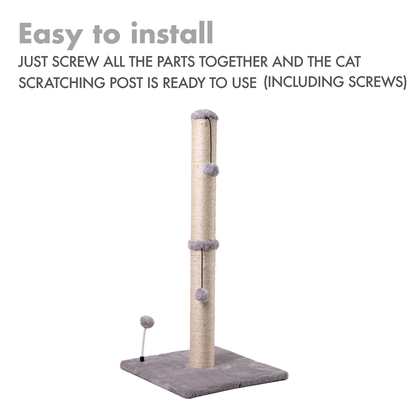 MECOOL 34-tall cat scratching post package image displays sturdy construction and included screws.