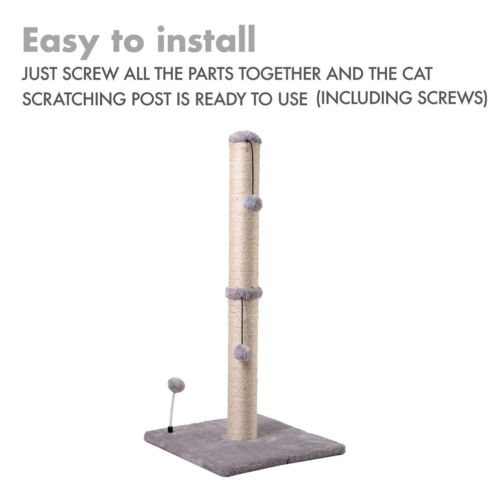 MECOOL 34-tall cat scratching post package image displays sturdy construction and included screws.