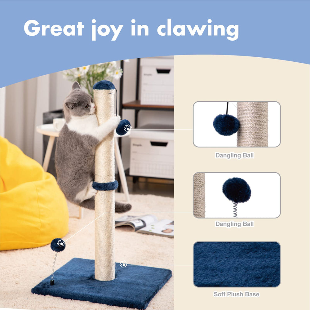 MECOOL 34-inch navy cat scratching post front view with hanging ball for interactive play