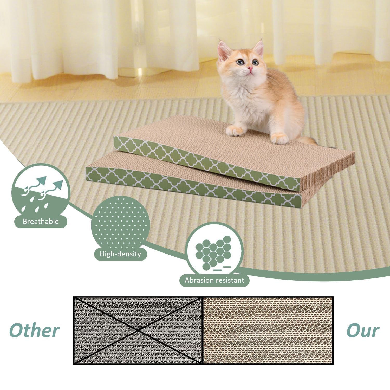 MECOOL Cat Scratcher Cardboard in living room fits neutral décor while guarding furniture.