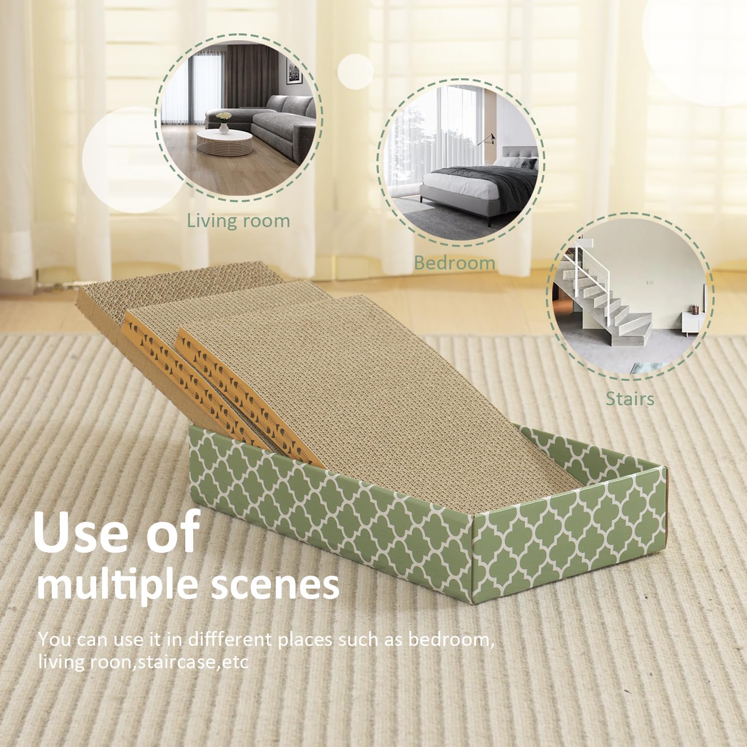 MECOOL Cat Scratching Board in a cozy lounge setup for naps.