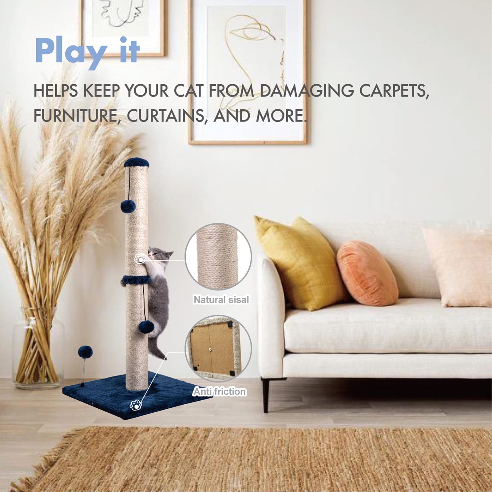 MECOOL cat scratching post base and top construction for stability