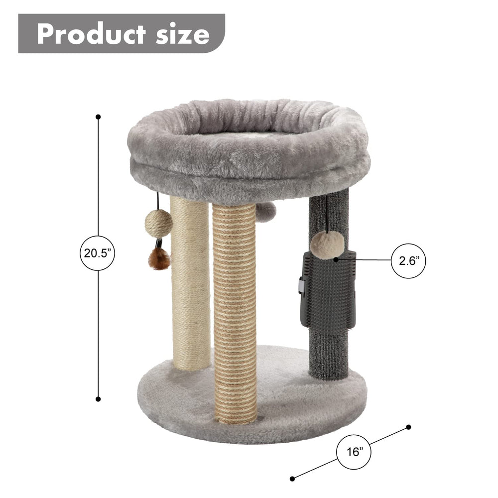 Massage brush on MECOOL cat tree aids grooming and hair management