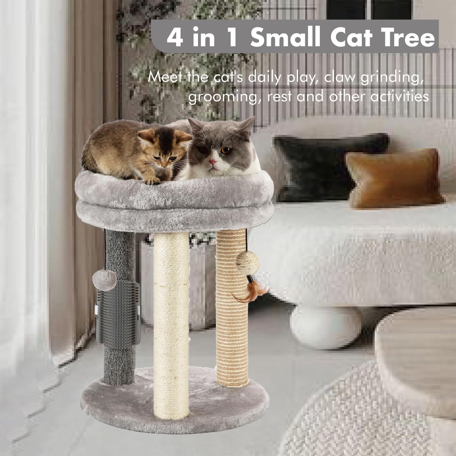 Sisal, jute, and carpet scratch posts on MECOOL cat tree protecting furniture
