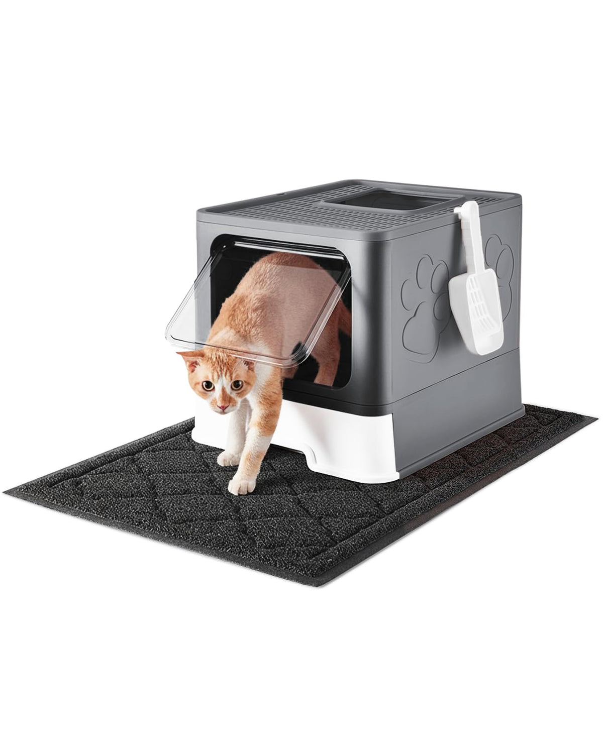 Medario cat litter box front-entry dark grey, featuring door to reduce litter spray.