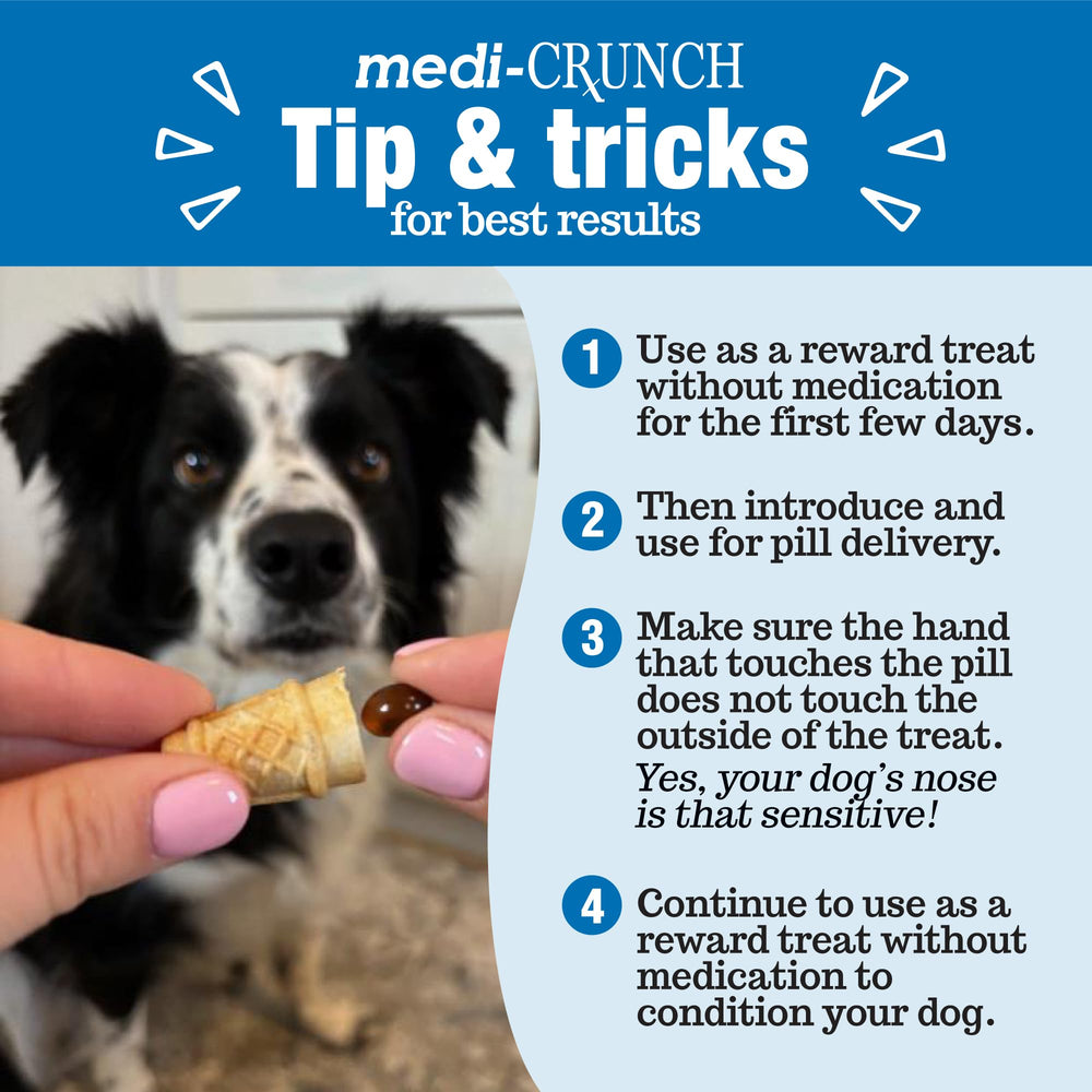 Medi-Crunch pill pouches dispensing scene demonstrates simple pill delivery at home.