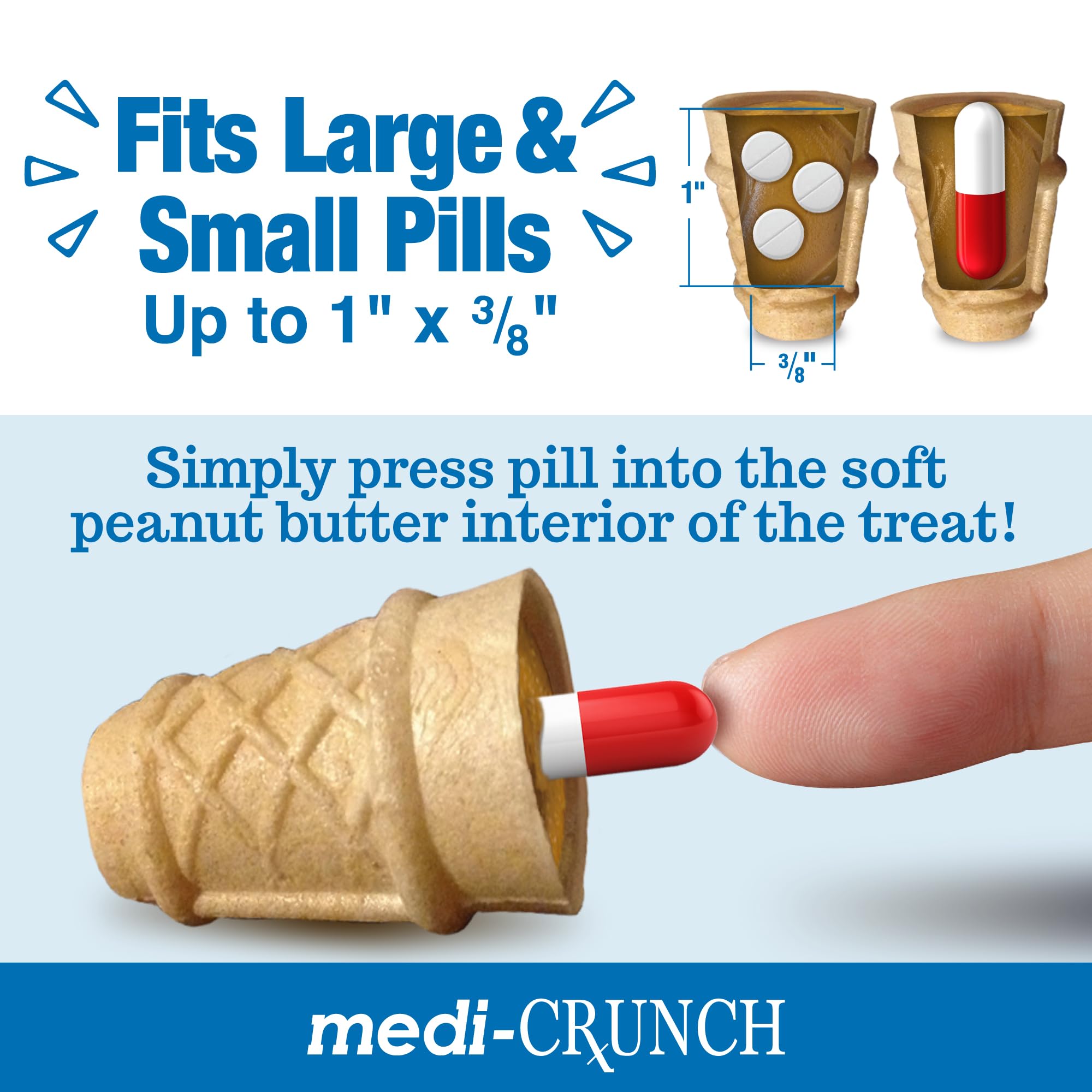 Medi-Crunch pill pouches pets running to treat scene highlights easy pill time.
