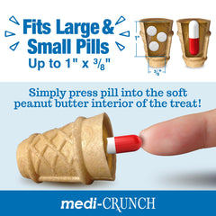 Medi-Crunch pill pouches pets running to treat scene highlights easy pill time.