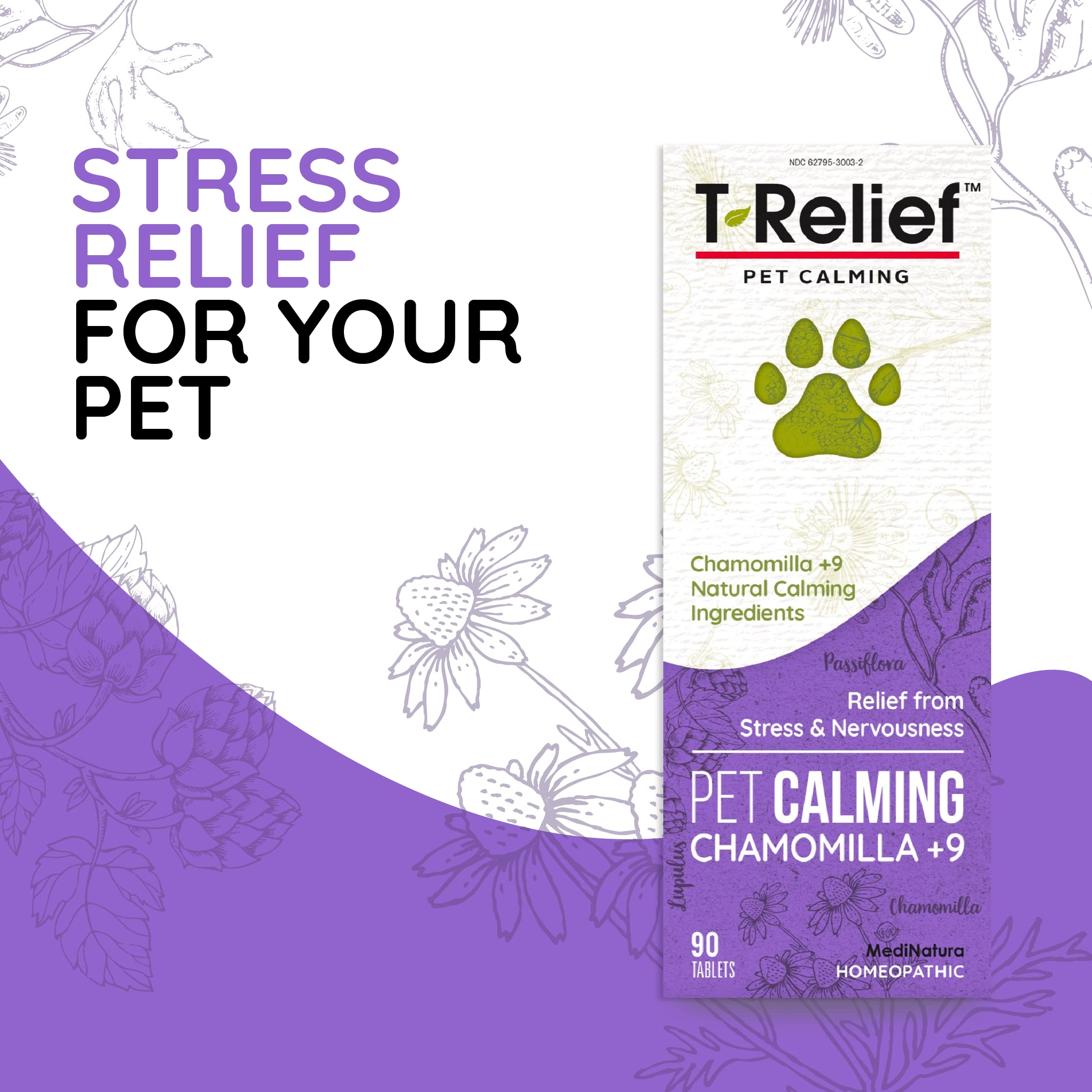 MediNatura T-Relief dog relaxing pose emphasizes stress-free walks.