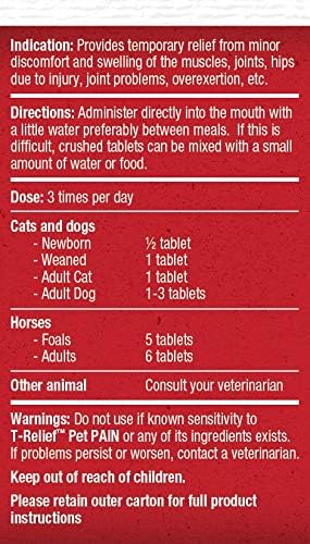 Owner-friendly dosage instructions on MediNatura T-Relief packaging.