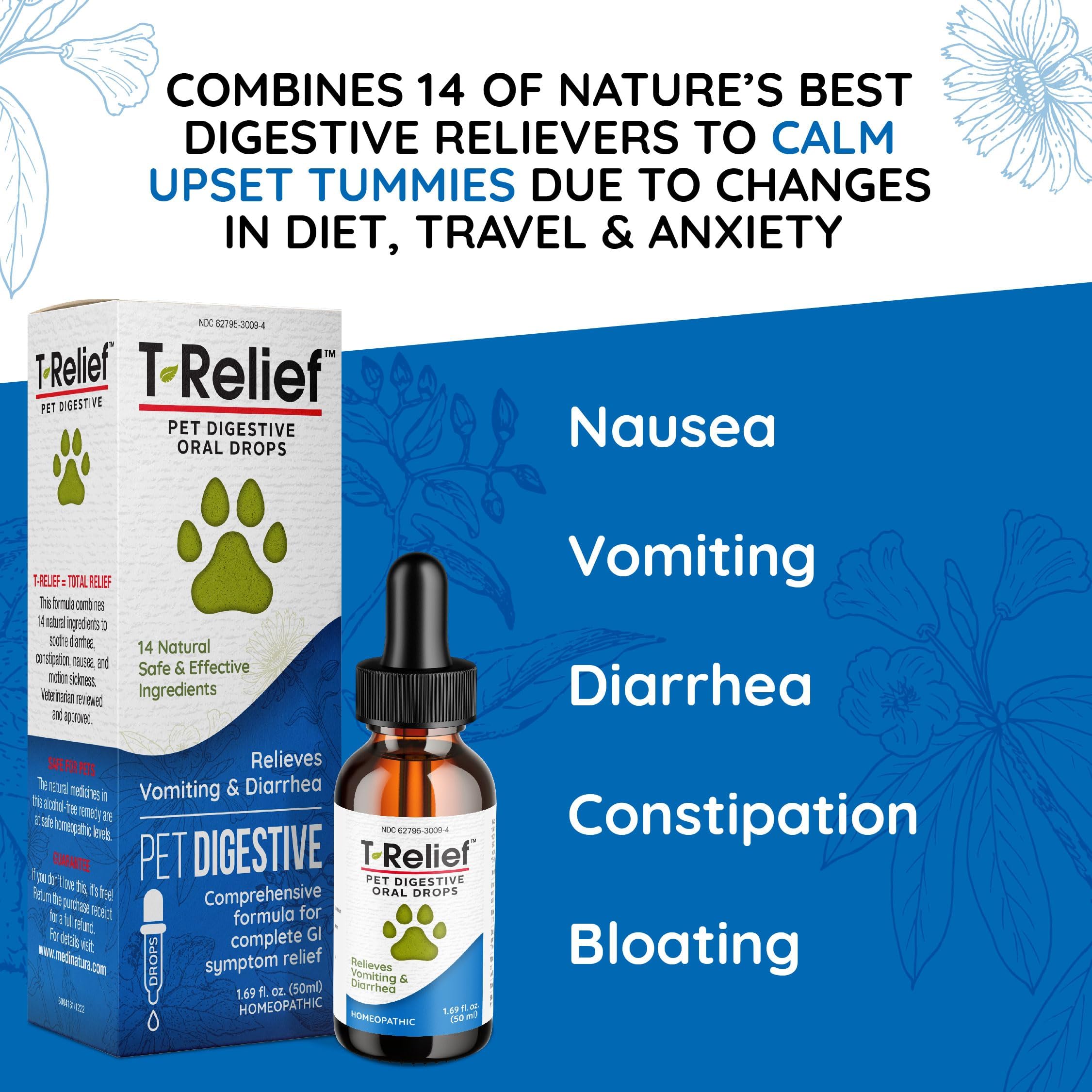 MediNatura T-Relief Drops close-up shows aloe and actives for GI support.