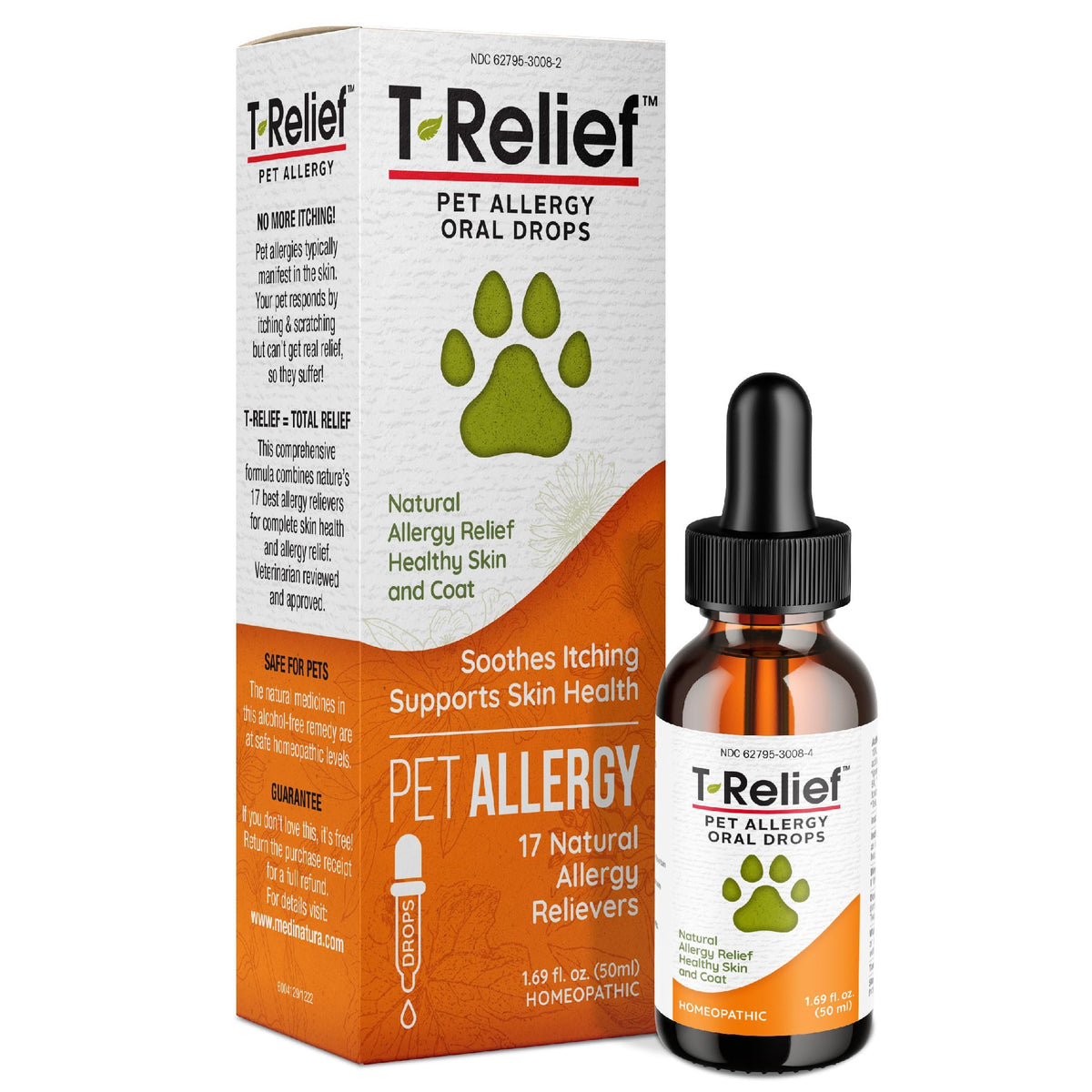 MediNatura T-Relief drops bottle closeup for natural pet allergy support