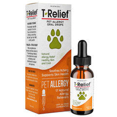 MediNatura T-Relief drops bottle closeup for natural pet allergy support