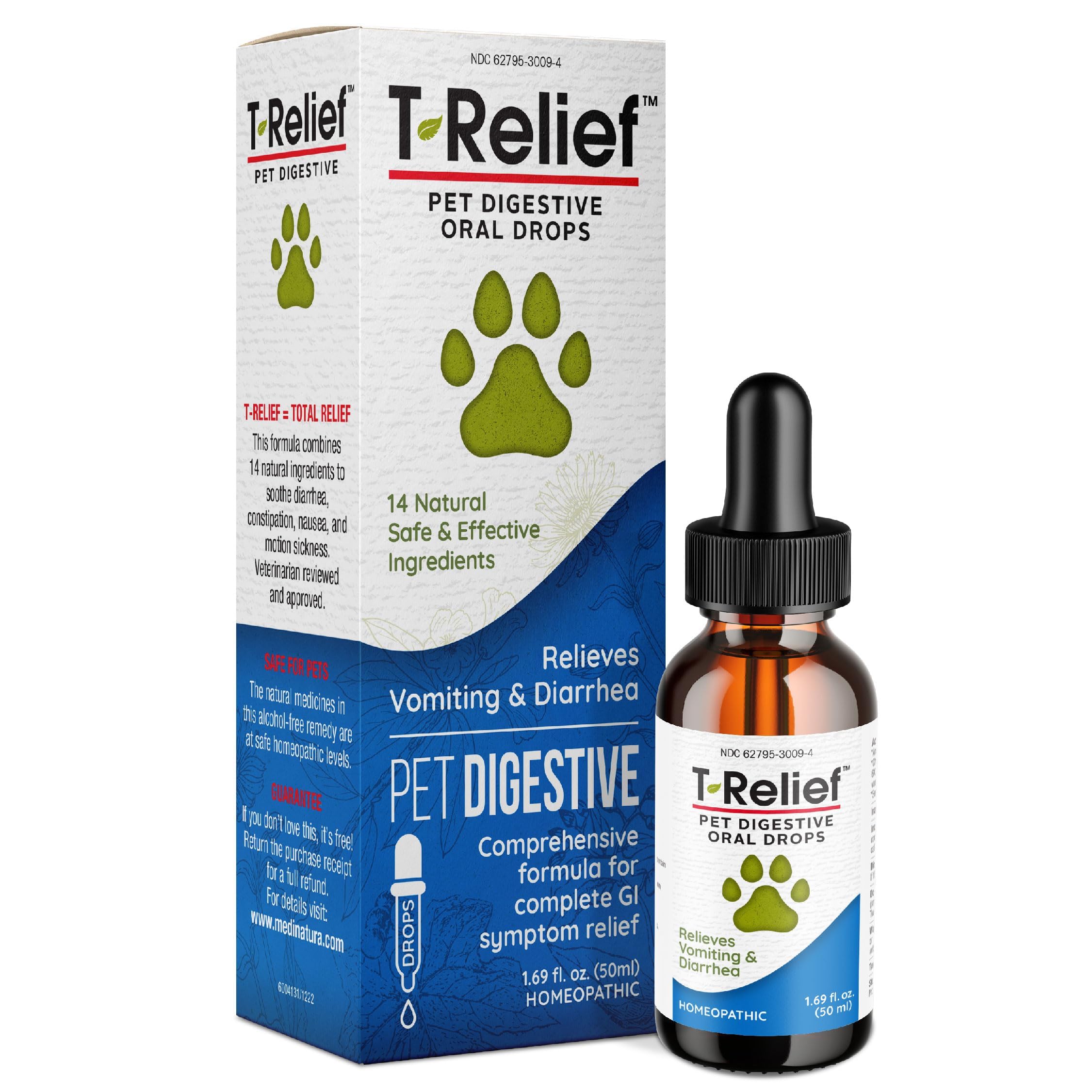 MediNatura T-Relief Drops bottle label shows GI comfort for pets.