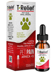 MediNatura T-Relief drops bottle highlighting Arnica for pet muscle comfort