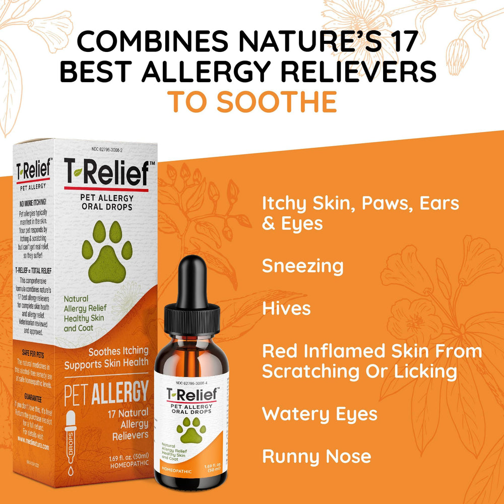 MediNatura T-Relief drops used with dog for skin comfort