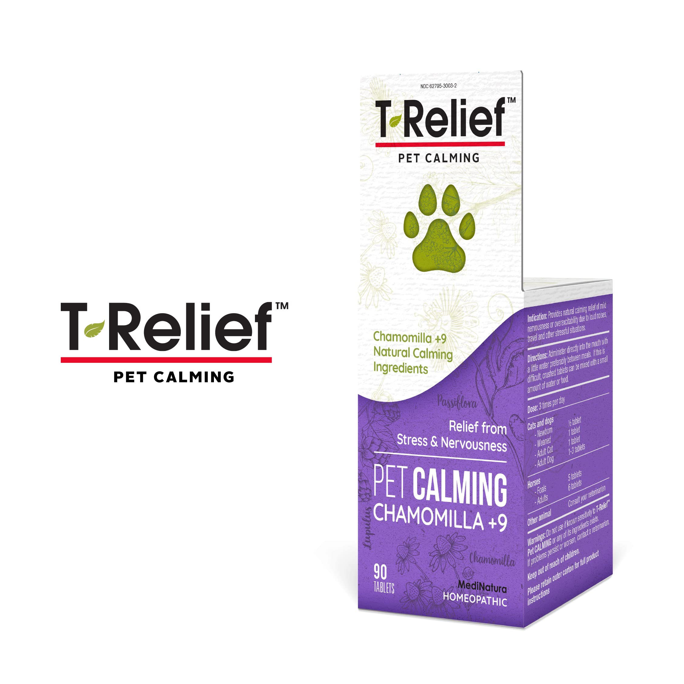 MediNatura T-Relief packaging front conveys natural wellness for pets.