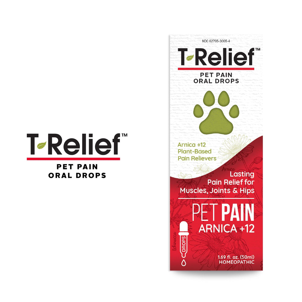MediNatura T-Relief liquid application shows easy dosing for pet owners.