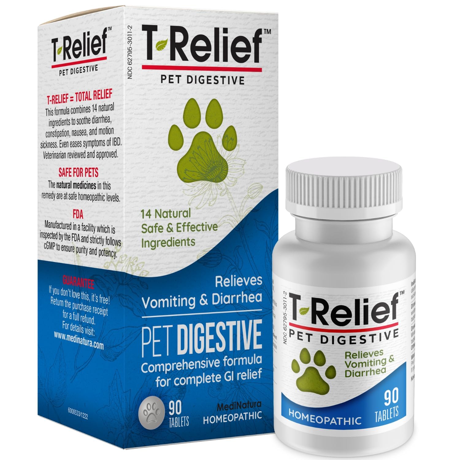 MediNatura T-Relief tablets dissolve as a safe topper to support pet digestion.