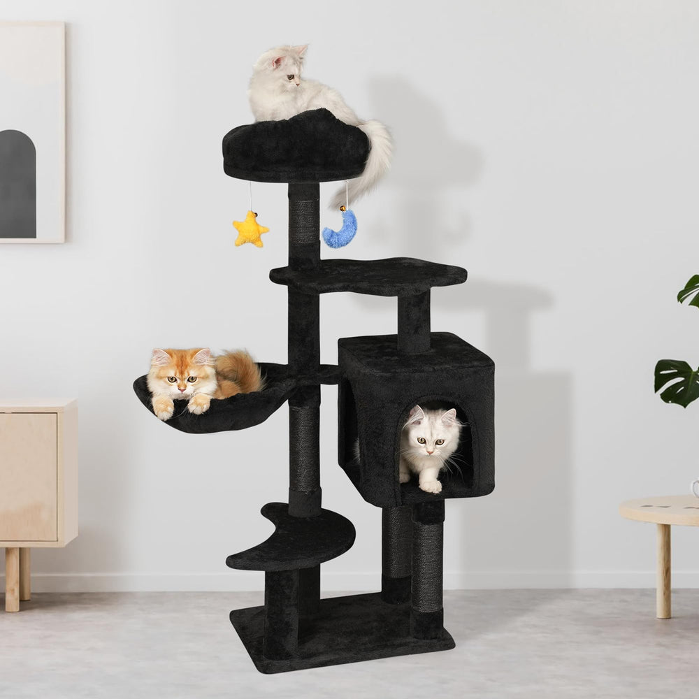 Meecal Gothic Black Cat Tree dangling toys for interactive play