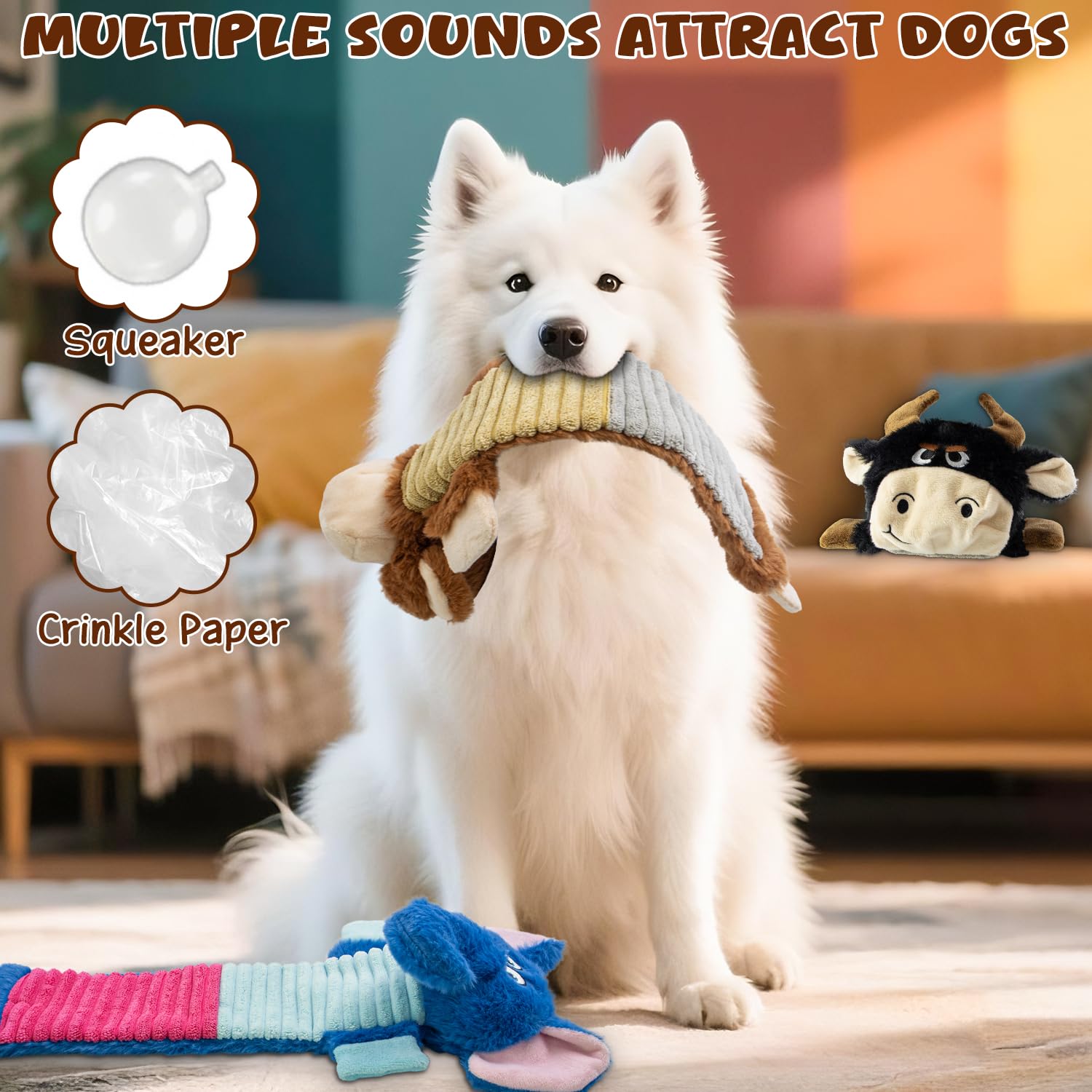 MeetYooo cattle no-stuffing dog toy squeaky for boredom relief and teething fun.