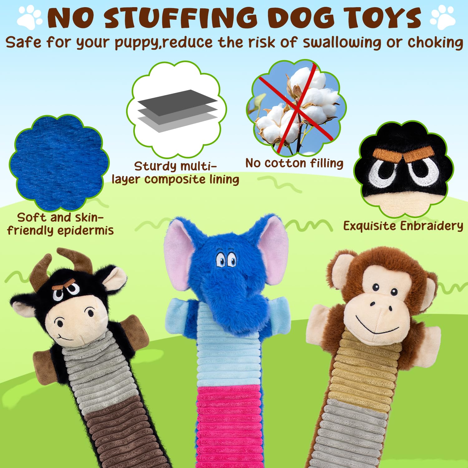 MeetYooo monkey no-stuffing dog toy squeaky for endless fetch and chew.