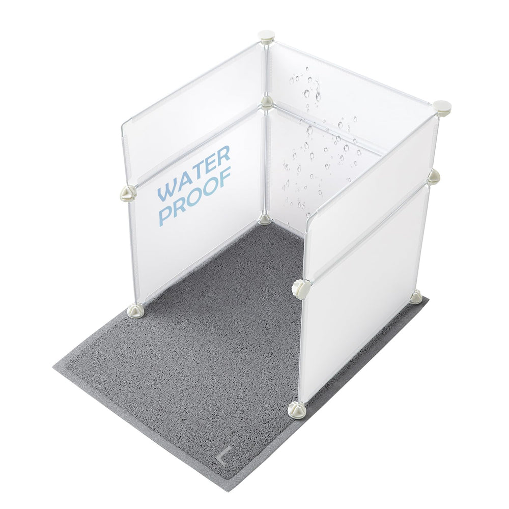 MEEXPAWS cat litter box enclosure splash guard in white provides large-side protection for mess-free floors.