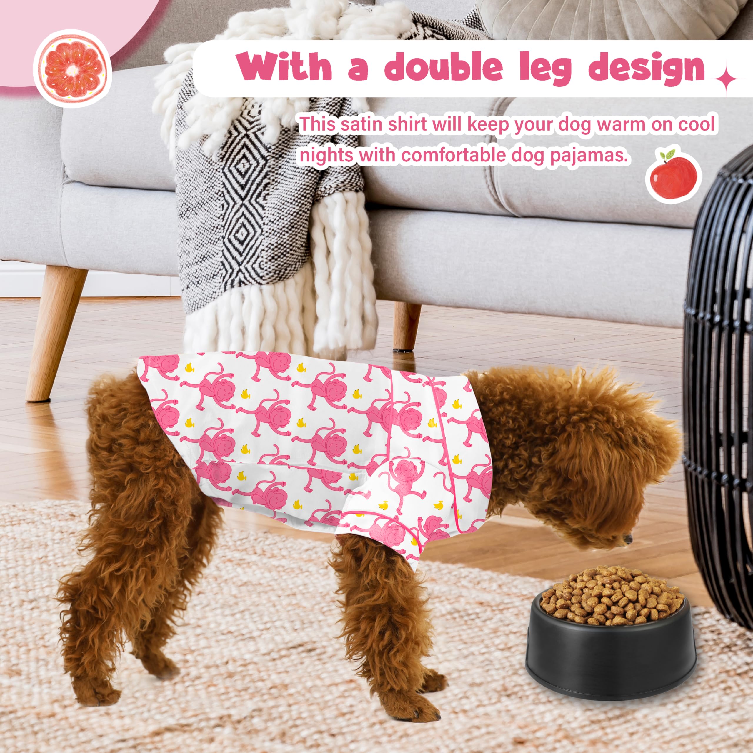 MEEYI dog silk pajamas pink monkey XL side pose shows lapel design for elegance