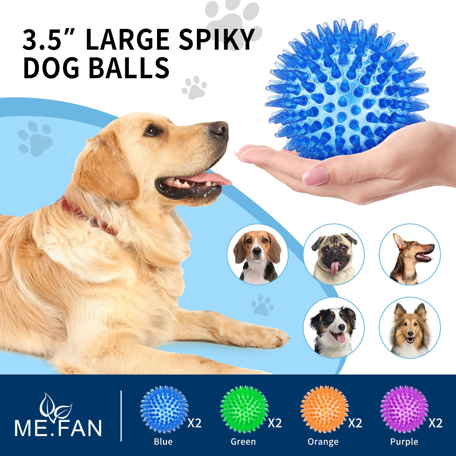 ME.FAN 3.5-inch green squeaky dog ball for chewing and gum health play.