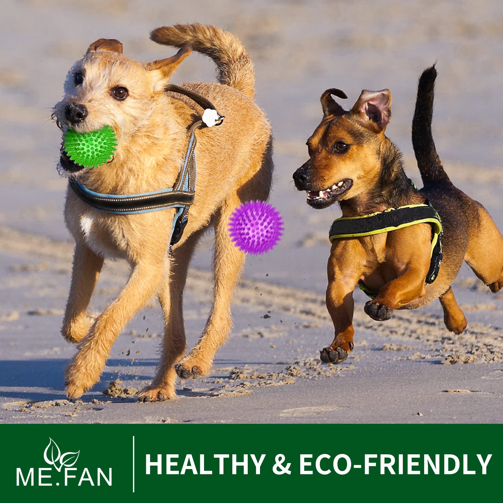 ME.FAN spiky dog ball showing surface bristles for teeth-cleaning during play.