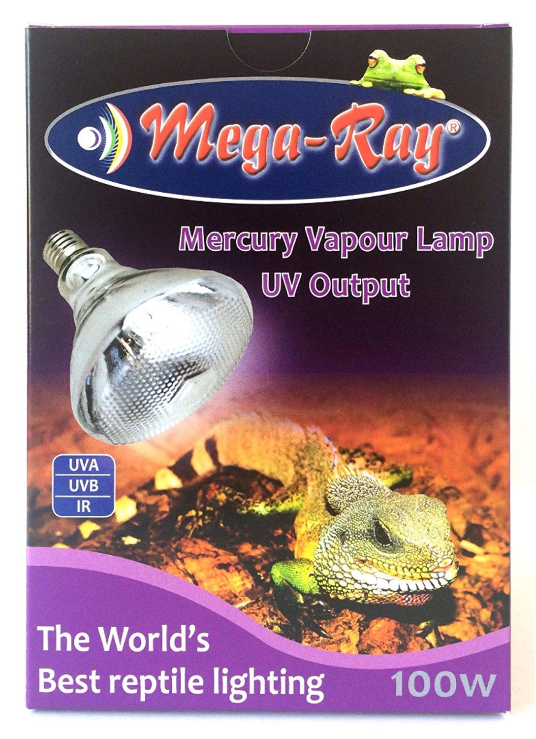 Mega-Ray Mercury Vapor Bulb package demonstrates durable, long-lasting UVB output for reliable lighting.