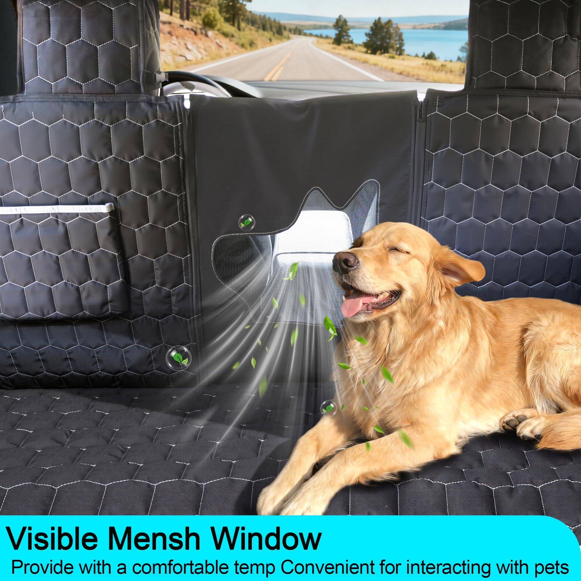 Meginc dog seat cover PVC mesh window increases air flow for comfortable rides.