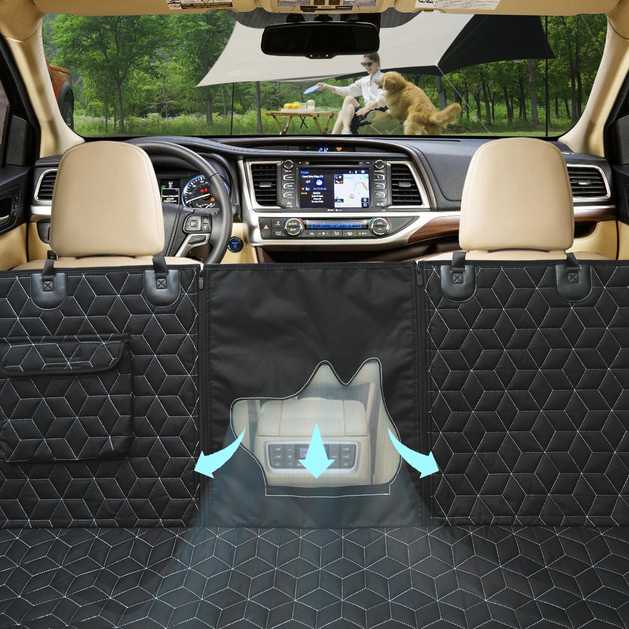 Meginc dog seat cover with vent mesh window improves airflow for pets.