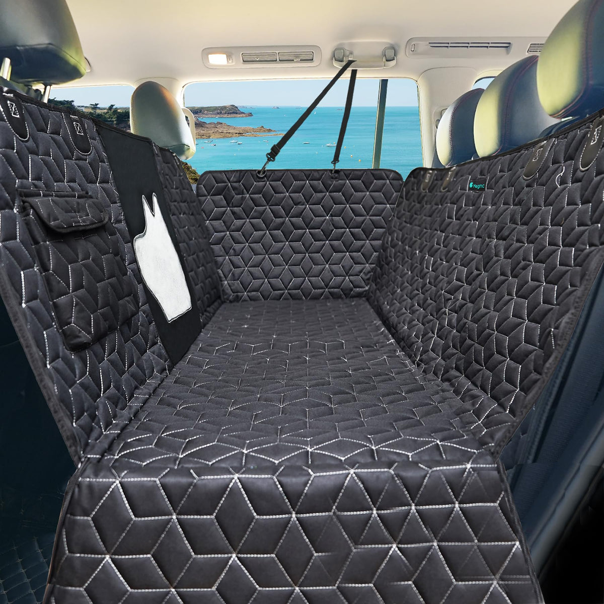 Meginc dog seat cover waterproof in SUV back seat protects upholstery from spills and fur.