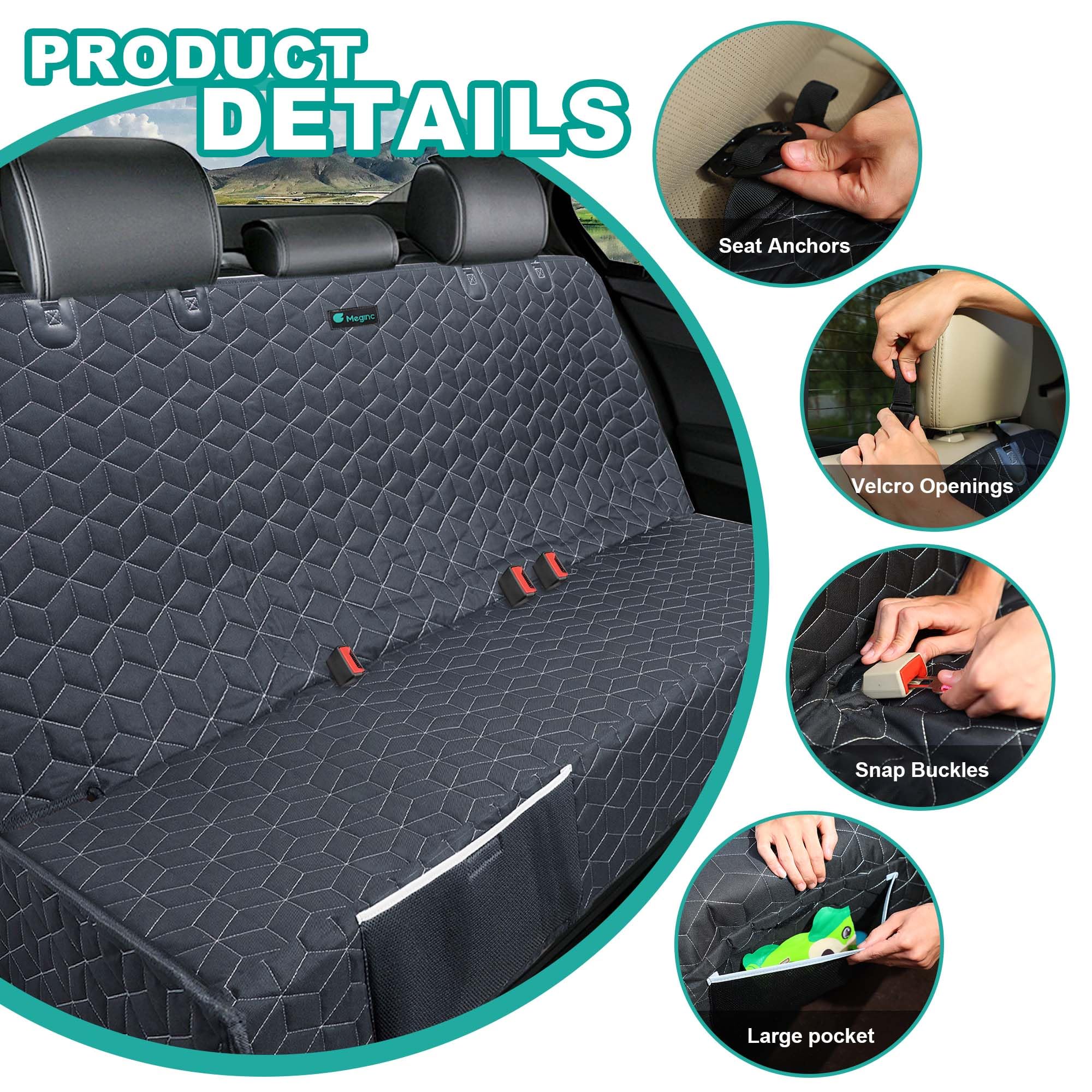 Meginc machine-washable pet seat cover for simple cleanup after trips.