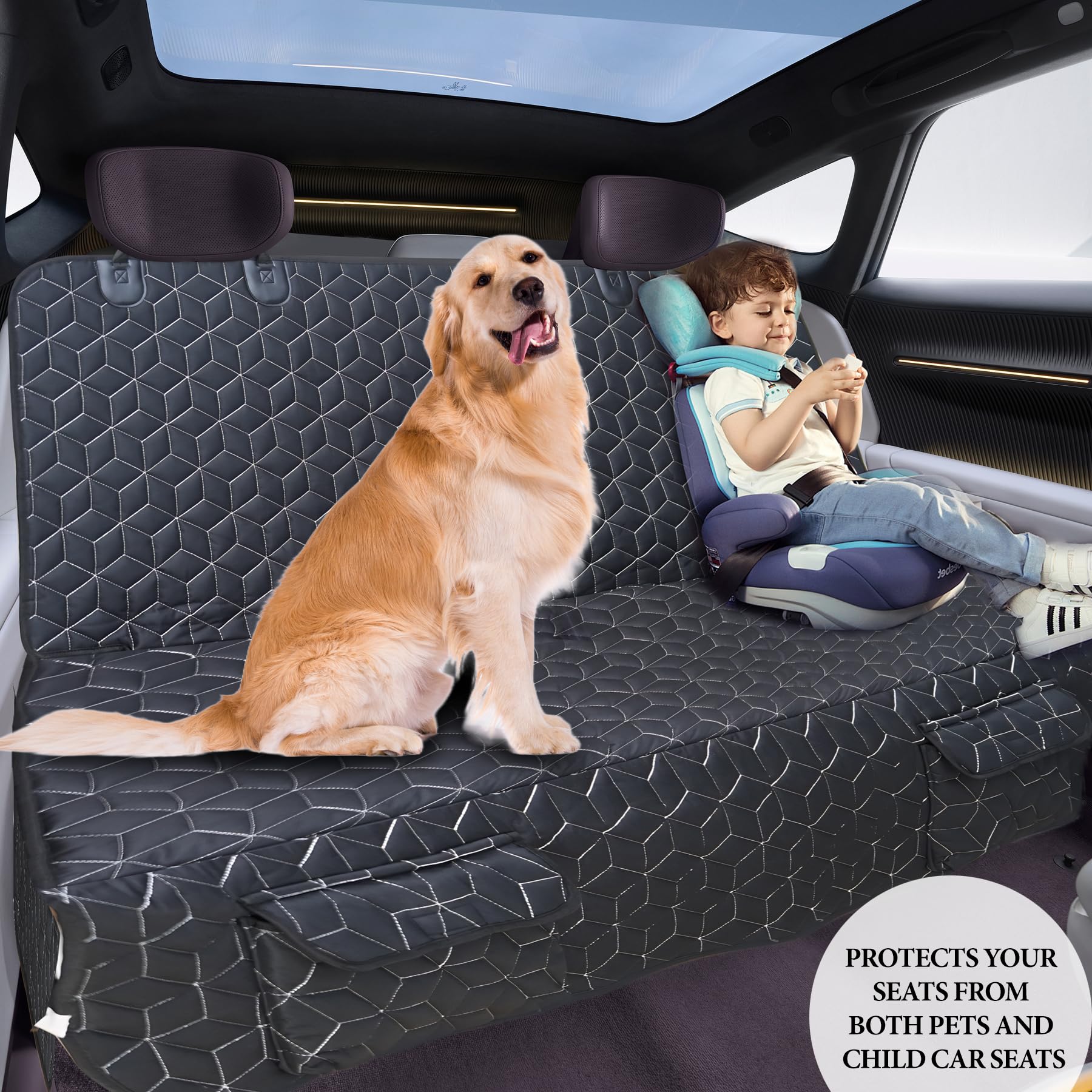 Meginc travel-ready dog car interior protector for road trips.