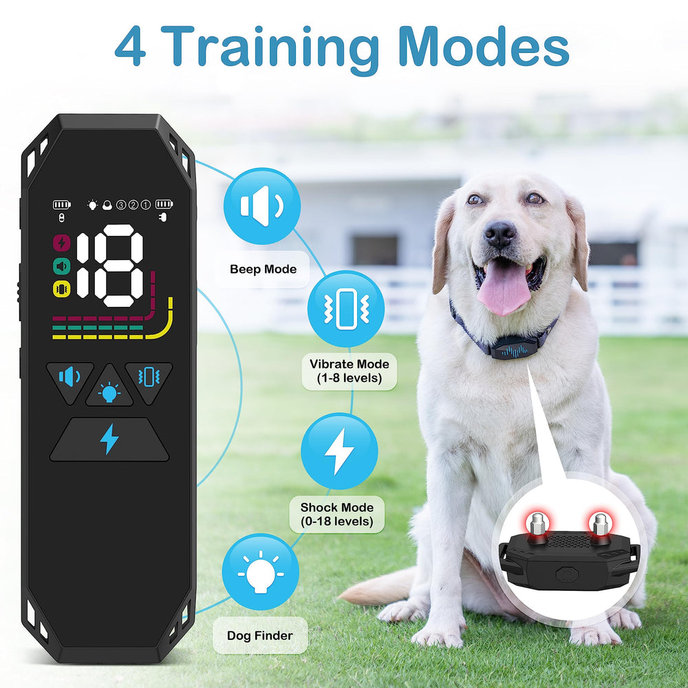 MEGWR dog collar modes display with beep, vibration, static, and finder cues