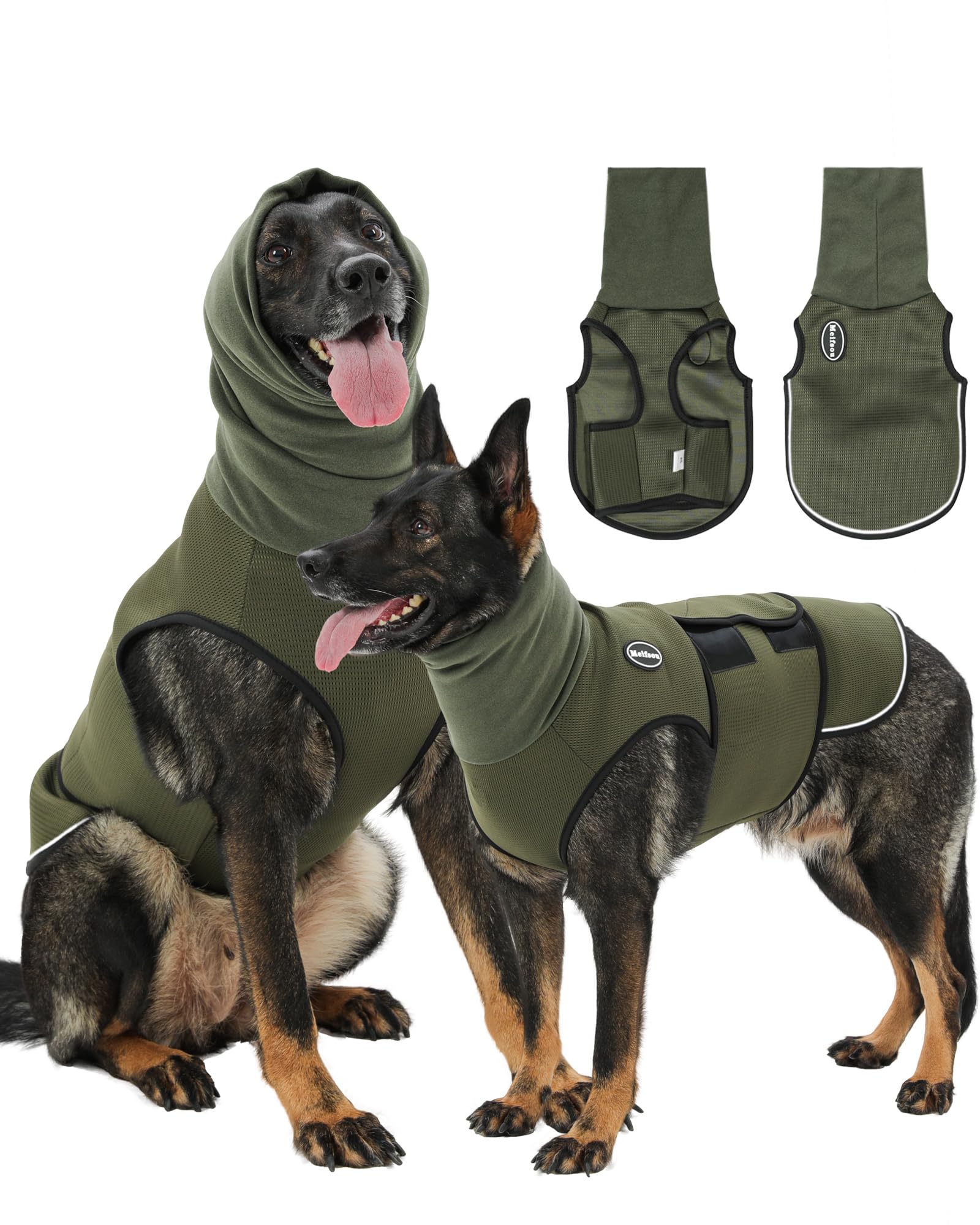 Meifsou dog anxiety vest with hood front view showing full coverage and calming fit