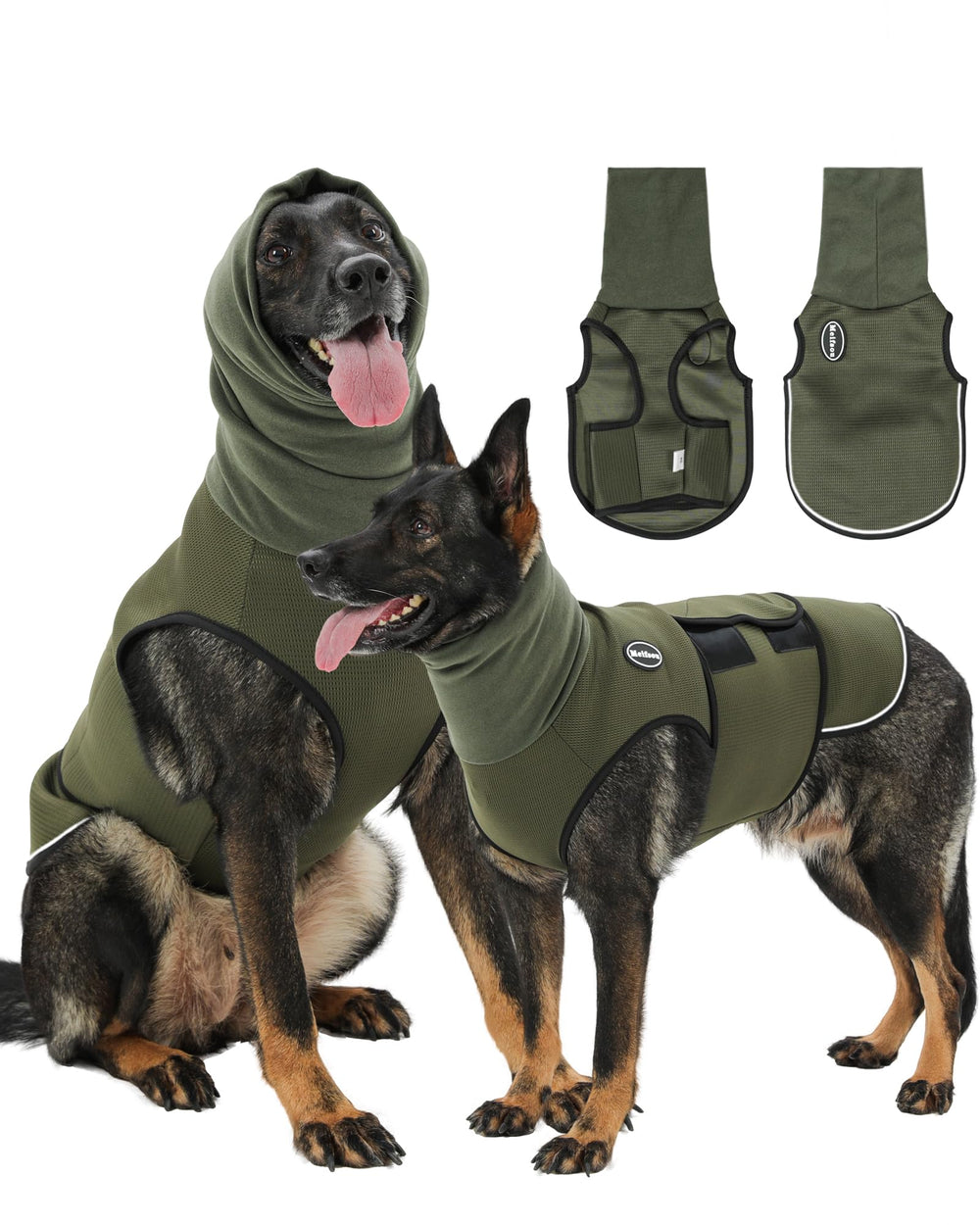 Meifsou dog anxiety vest with hood front view showing full coverage and calming fit