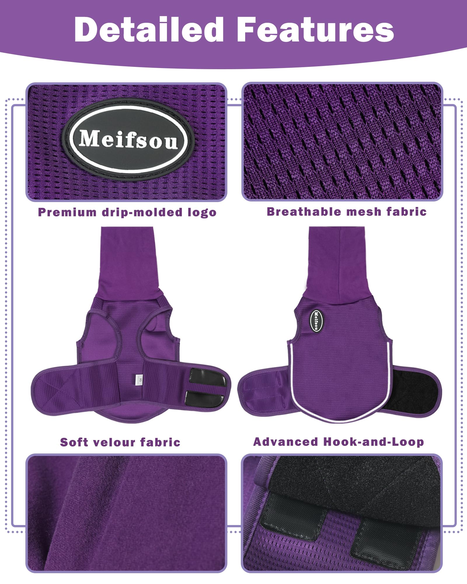 Meifsou dog anxiety vest hooded back view showing secure, comfortable fit.
