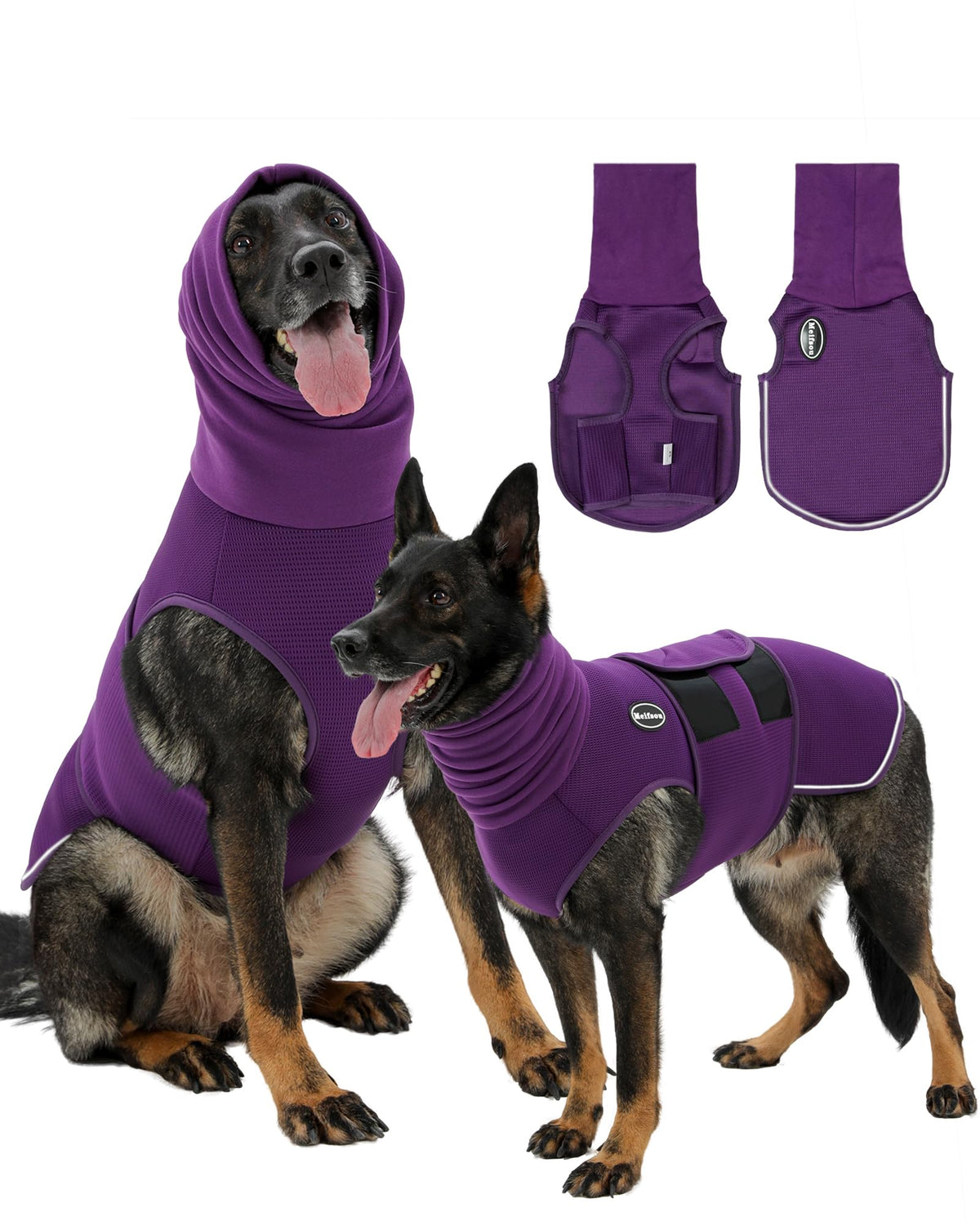 Meifsou dog anxiety vest hooded front view with full-coverage calming wrap.