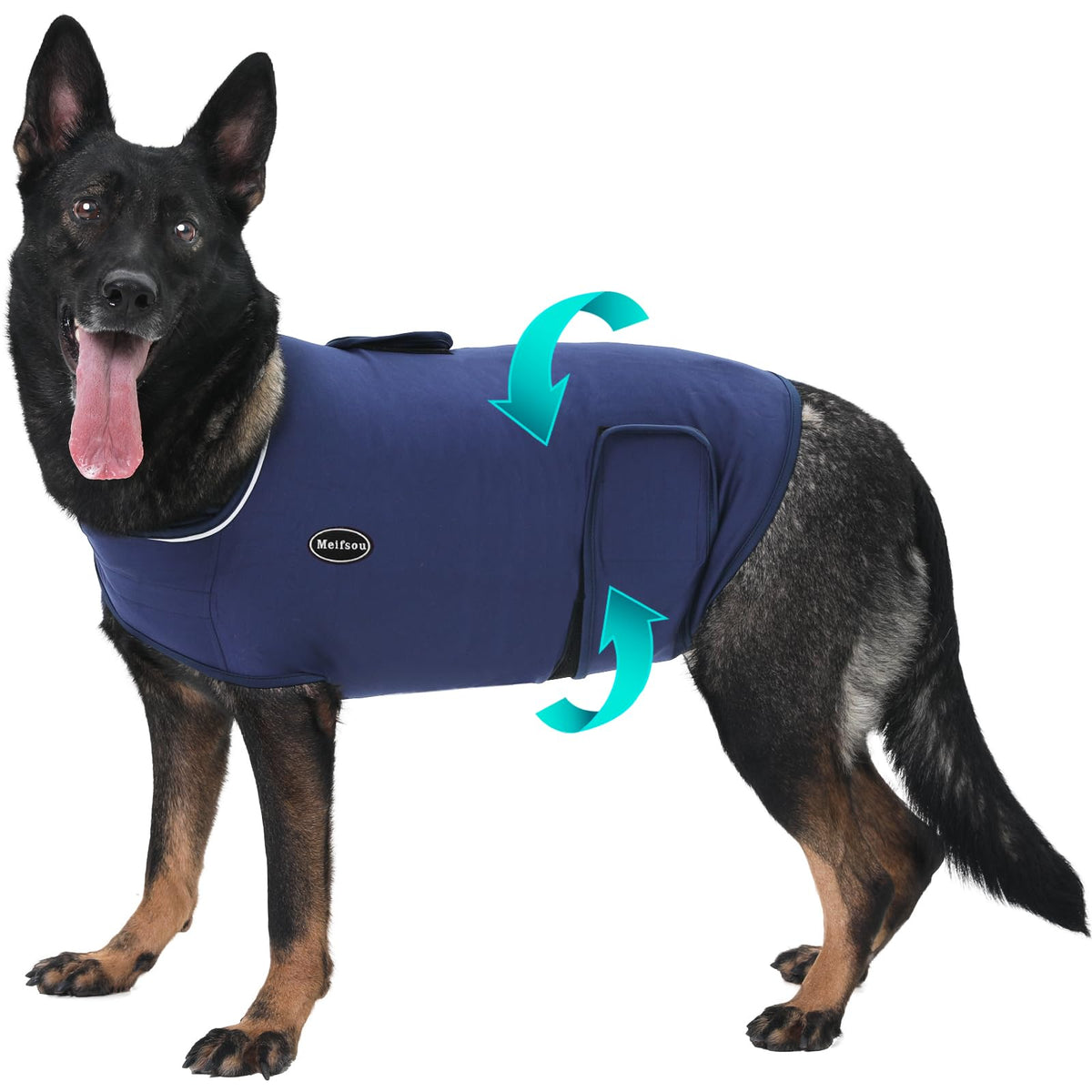 Meifsou dog anxiety vest on a dog with secure fit for calming support